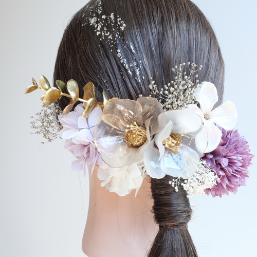 A152 パープル クリア椿 ドライフラワー 髪飾り 成人式 卒業式 振袖