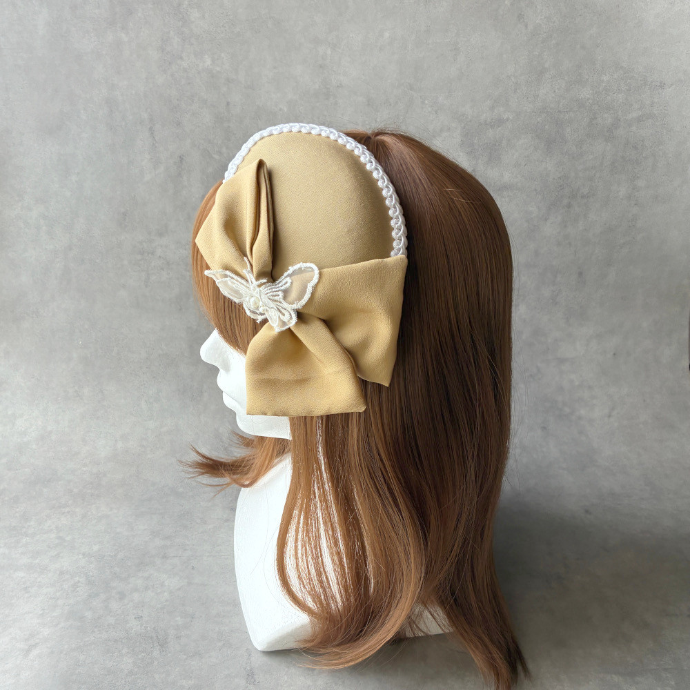 【送料無料・一点物】京都 蝶レース×シルクリボン 和ボンネ ミルクティーカラー 和装ヘッドドレス 着物［HB1374］ 5,110円