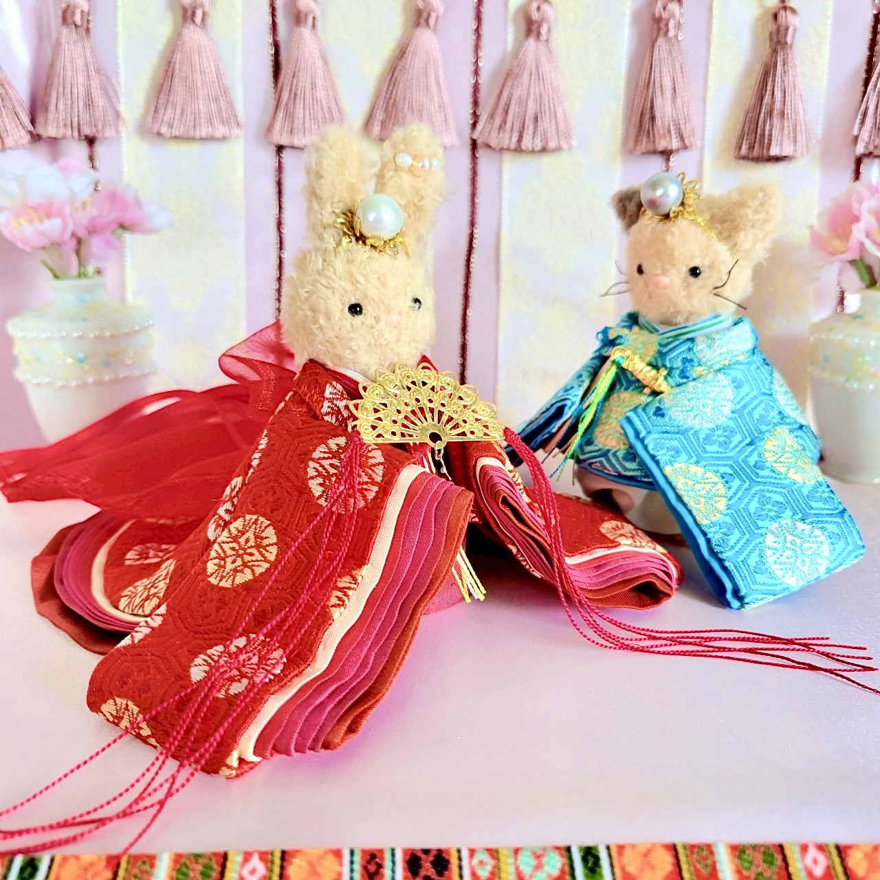 845,6  小さなお着物〈ペアセット〉【西陣織】正絹亀甲花菱地に又木紋　深緋と浅葱【新襟仕様】