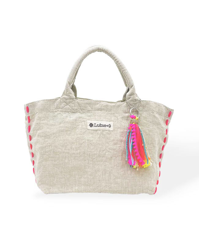 麻 MINIトートBAG　Ivory×Pink チャーム付き