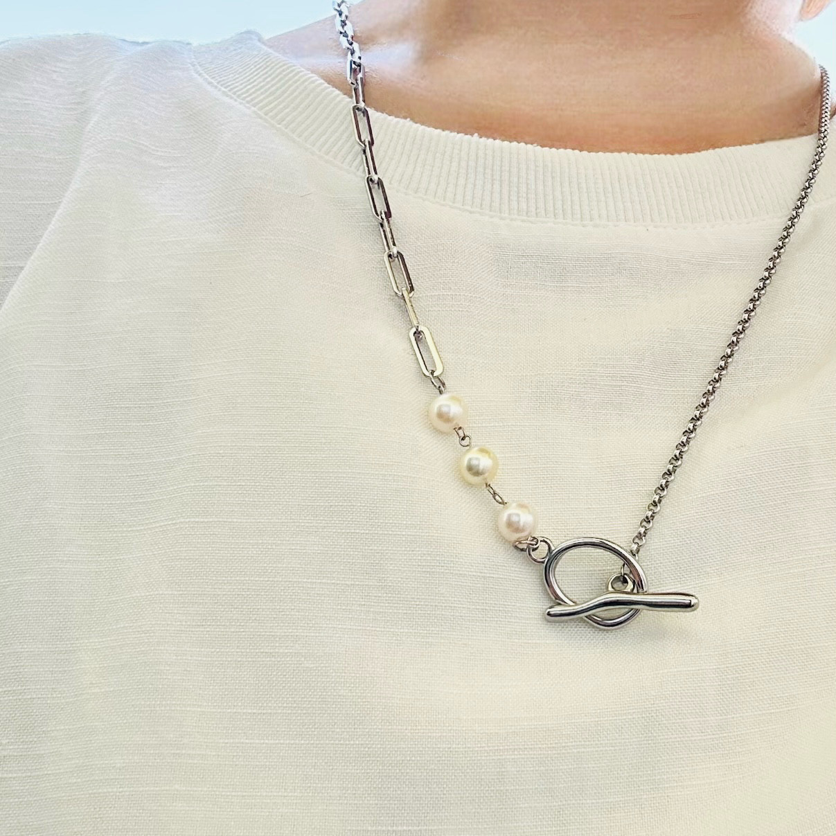 【2WAY】本真珠　あこやパール3珠とシルバーチェーン⛓️コンビネーションネックレス＊金アレ対応316L