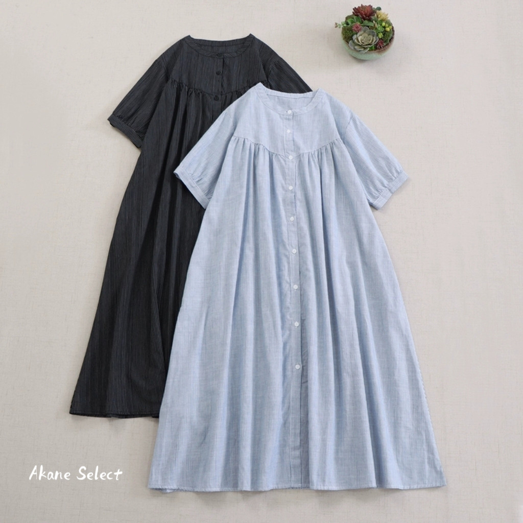 【コットン100%★自分らしいきちんと感】半袖ワンピース│ストライプ柄│大人可愛さ│爽やかな夏コーデ│O-97LB