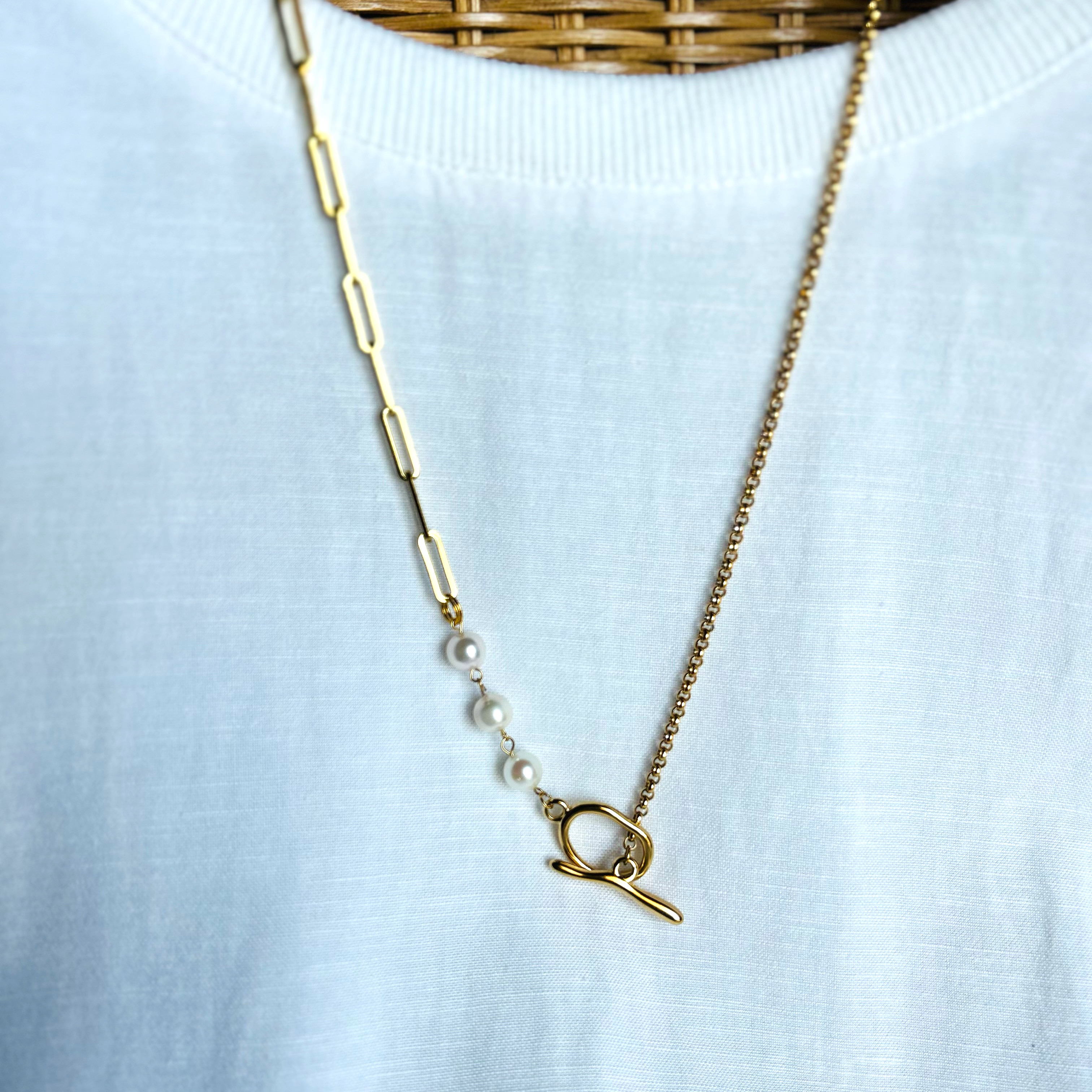 【2WAY】本真珠　あこやパール3珠とゴールドチェーン⛓️コンビネーションネックレス＊金アレ対応316L