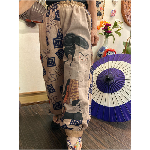 歌舞伎柄の手ぬぐいと浴衣の柿渋染めパンツ 手ぬぐいリメイク