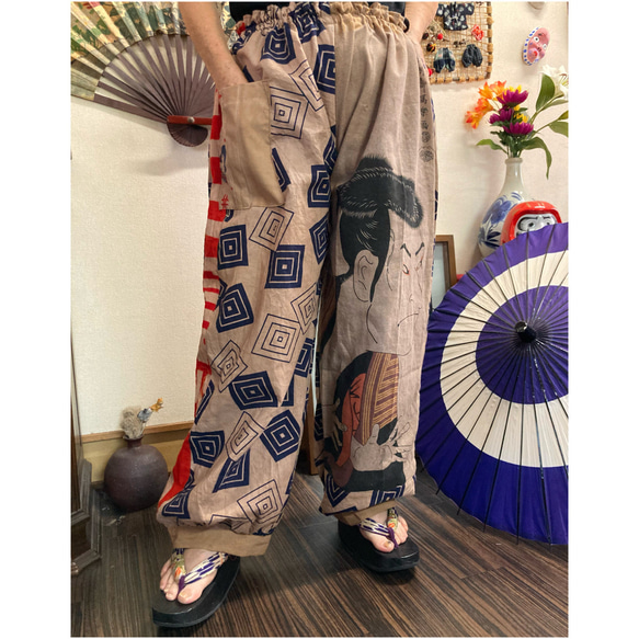 歌舞伎柄の手ぬぐいと浴衣の柿渋染めパンツ 手ぬぐいリメイク