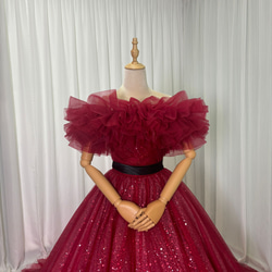 オフショルダーフリルカラードレス 送料無料！カラードレスアレンジ えんじ色 オフショルダーのみ