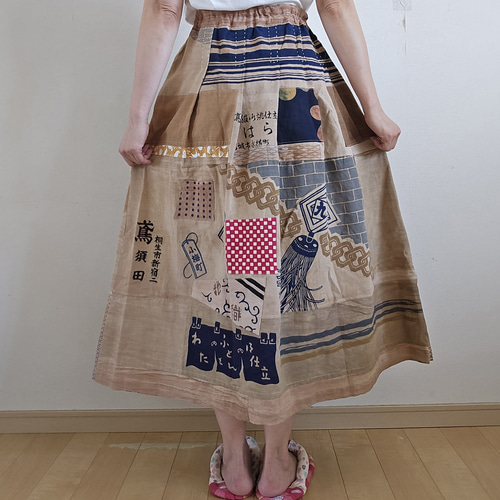 着物リメイク ハンドメイド 手ぬぐい 柿渋染め パッチワーク