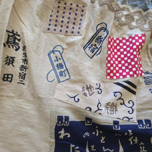 古布リメイク柿渋染め 手拭いのチュニックワンピース パッチワーク 新作できました。 柿渋染めはぎれをパッチワークしたワンピース
