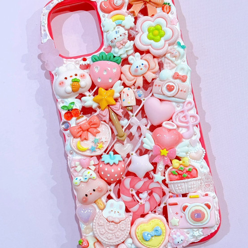 スマホケース】iPhone11 デコ ホイップ うさぎ ハート いちご リボン
