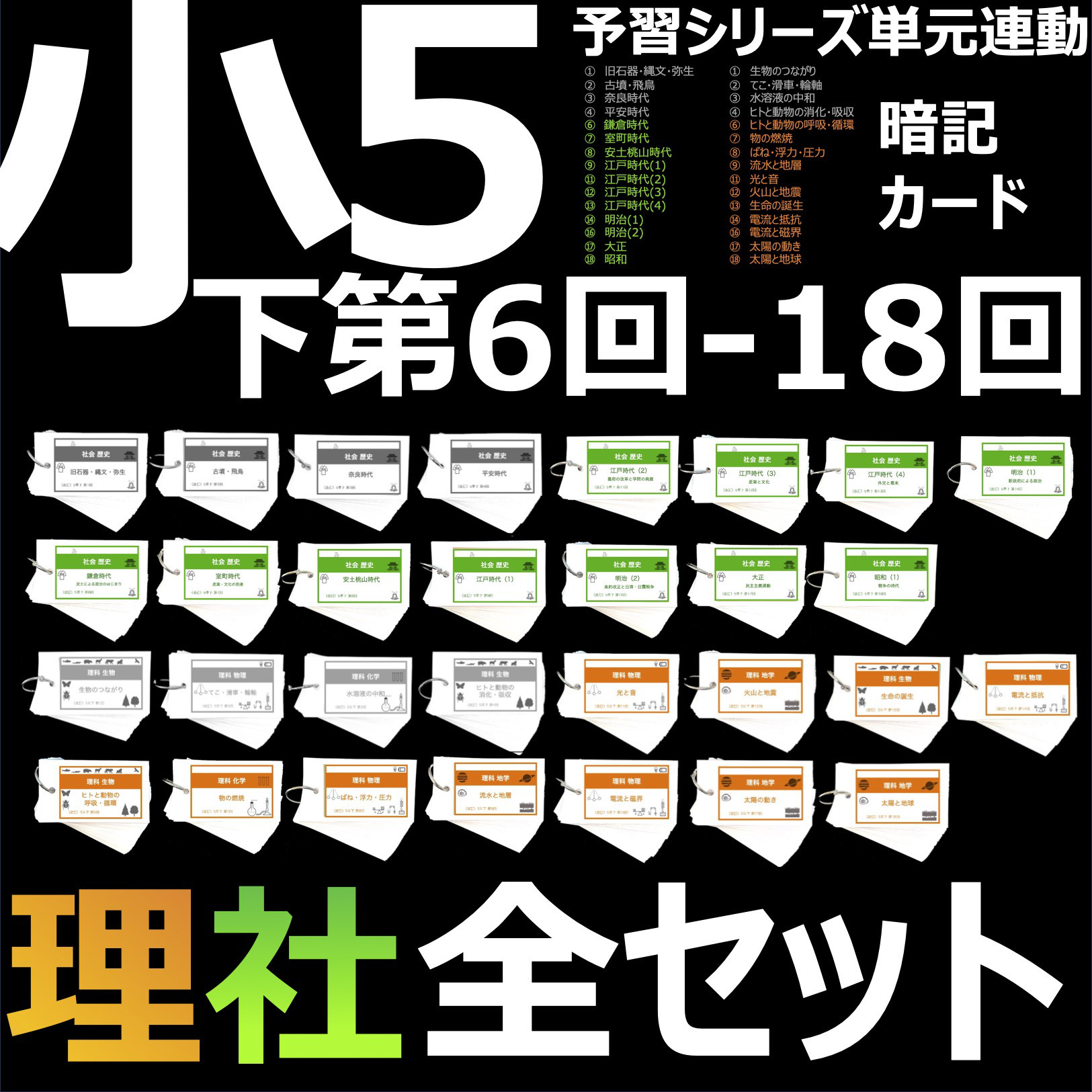 中学受験 暗記カード【5年下 社会・理科6-18回】 組分けテスト対策