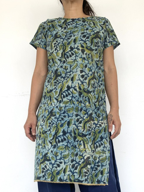 5インディゴブロックプリント クルタ⭐︎インド綿 インド木版プリント 更紗 SMサイズ/MLサイズ