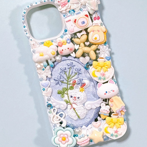 iPhone デコケース スマホケース】iPhone14 デコ ホイップ ねこワッペン うさぎ ねこ