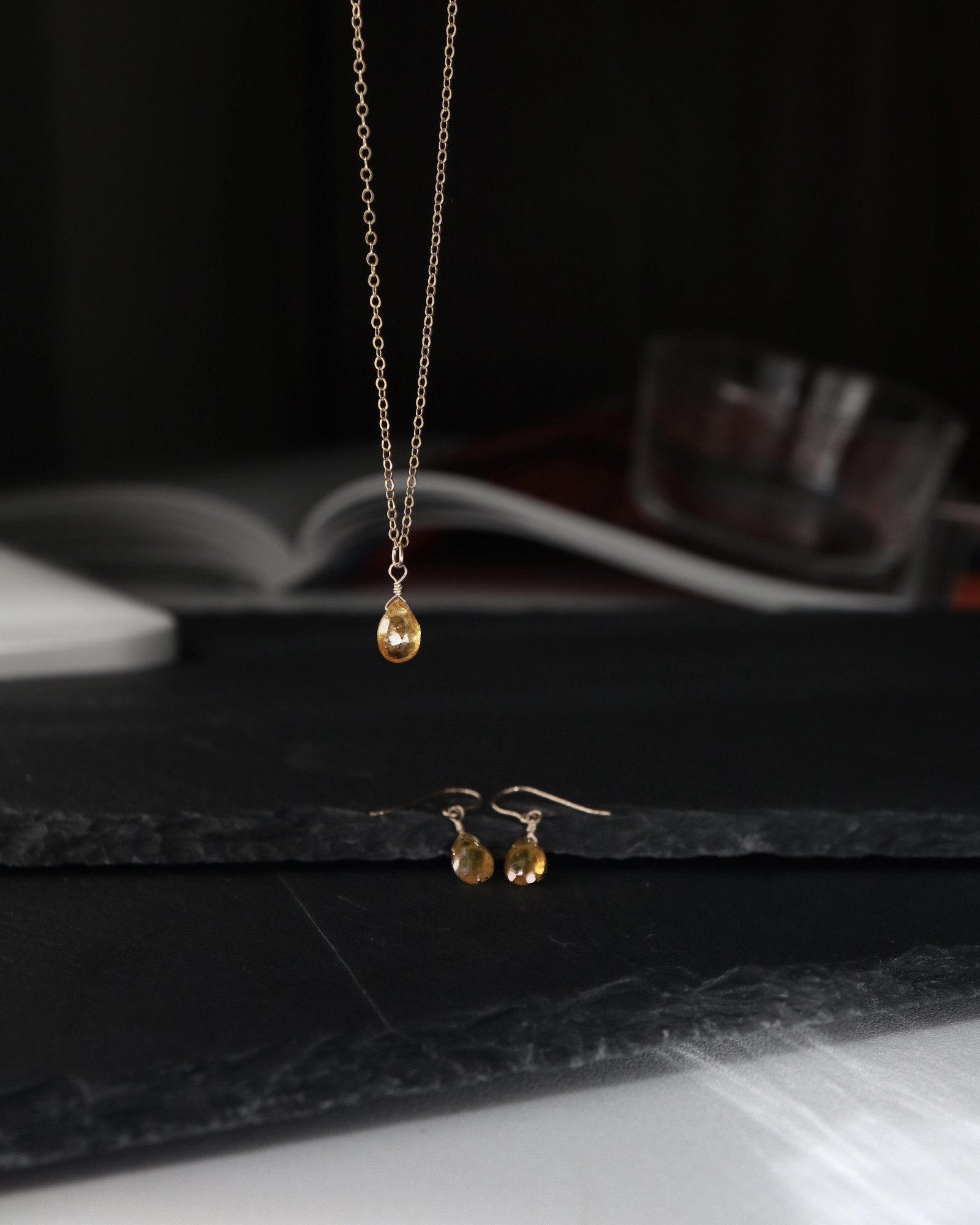 お得なセット トロピカルな瑞々しい果実 イエロートルマリンの14kgfピアス、ネックレス