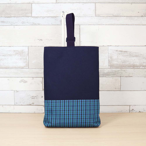 ファミリア風 ブルーグリーンチェック マチあり シューズケース 上履き