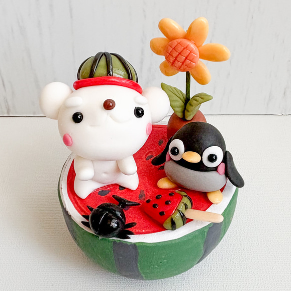 2100円☆白くまくんとペンギン すいか ひまわり ミニチュア 粘土細工
