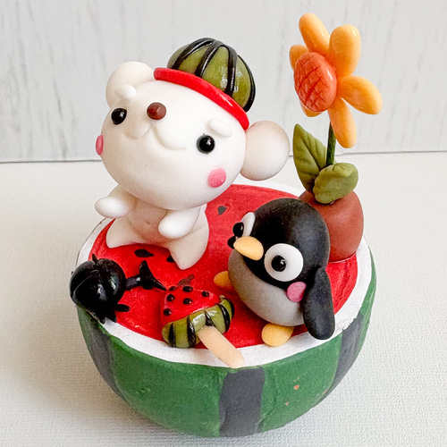 2100円☆白くまくんとペンギン すいか ひまわり ミニチュア 粘土細工