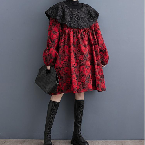 大きいサイズ レディース ロング　ワンピース　春 秋冬 新品 赤　長袖 レッド 大きいサイズ有】レディース ロング ワンピース 春 秋冬 新品 長袖