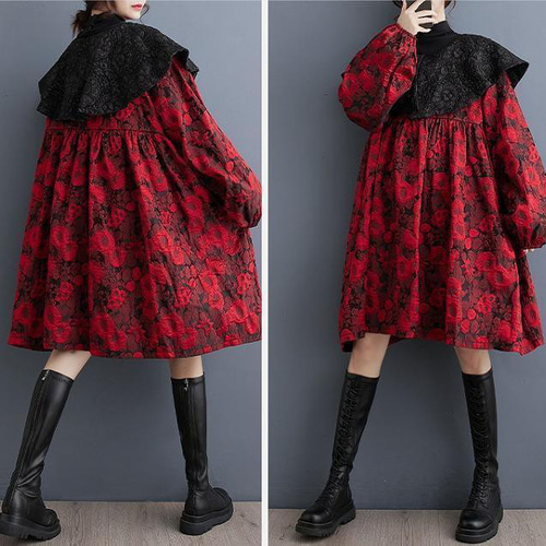 大きいサイズ レディース ワンピース　襟付き　春 秋冬 赤　長袖　ビッグ襟 大きいサイズ レディース ワンピース 襟付き 春 秋冬 赤 長袖 ビッグ襟