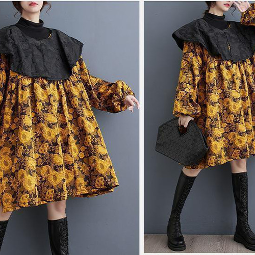 大きいサイズ レディース ワンピース 襟付き 春 秋冬 赤 長袖 ビッグ襟