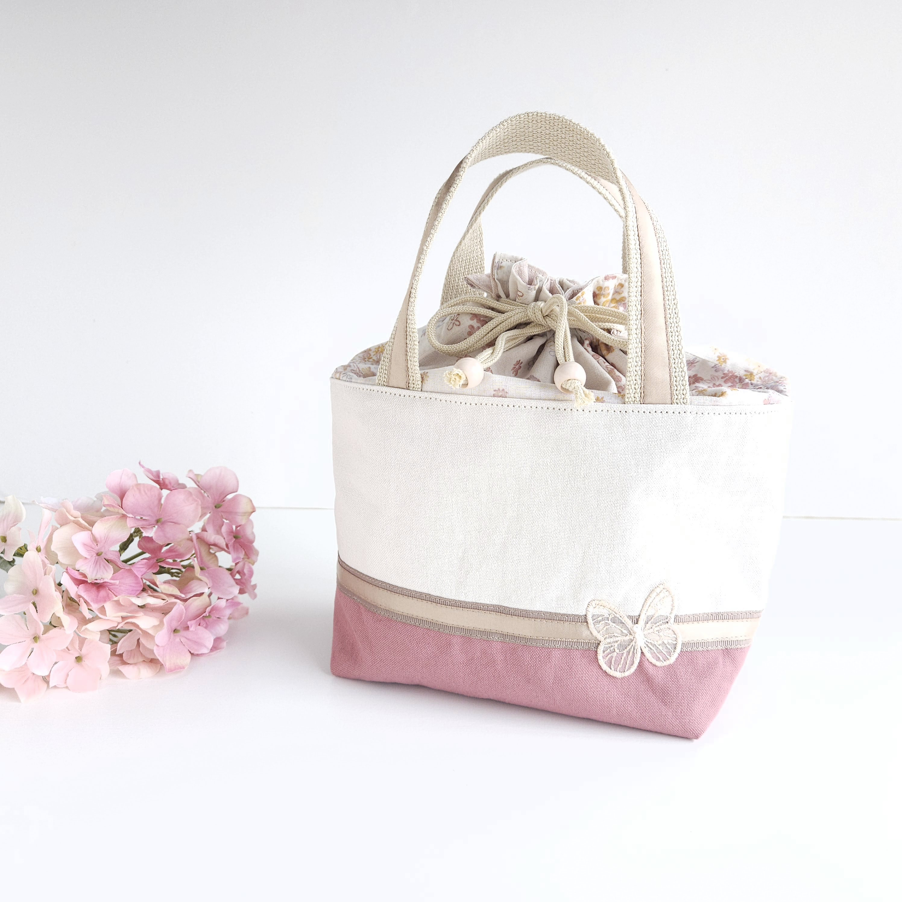 紫陽花とちょうちょのランチバッグ✻ピンク