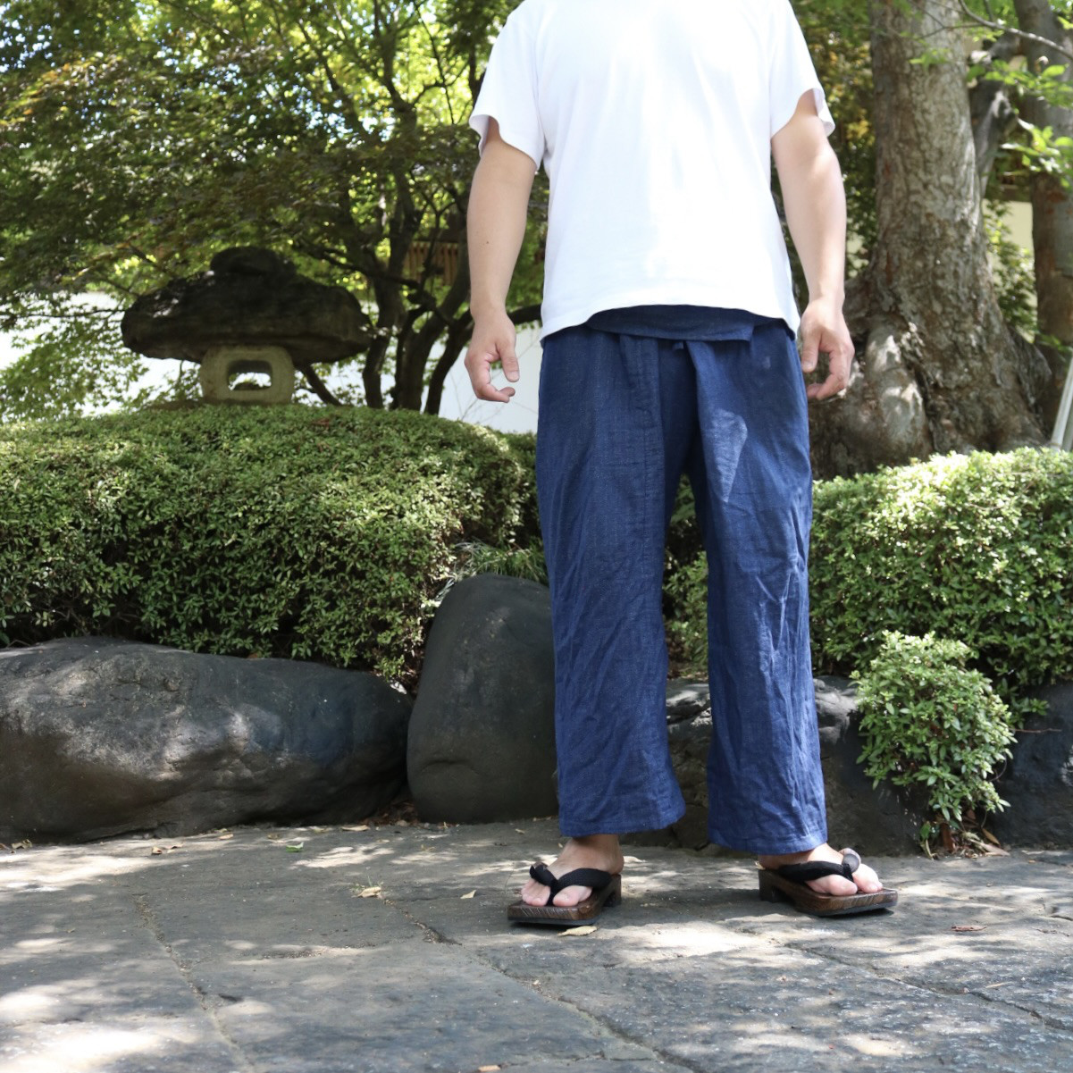 「ごくらく」メンズ　タイパンツ　フィッシャーマンパンツ　デニム風　ワンマイルウェア　ダブルガーゼ　綿100％　ブルー