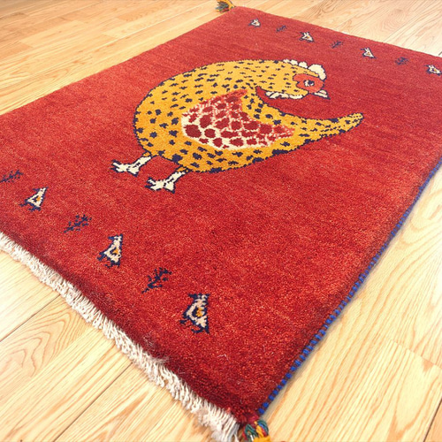 ペルシャ ギャッベ 玄関マット ラグ 88x68cm 茜色 にわとり RJ12524