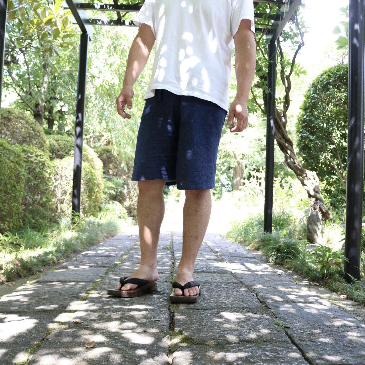 「ごくらく ハーフパンツ」メンズ　タイパンツ　フィッシャーマンパンツ　デニム風　ダブルガーゼ　ワンマイルウェア