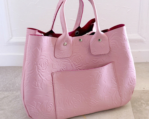 軽量 とっても 軽い 高級 本革 レザー トートバッグ ローズ ピンク