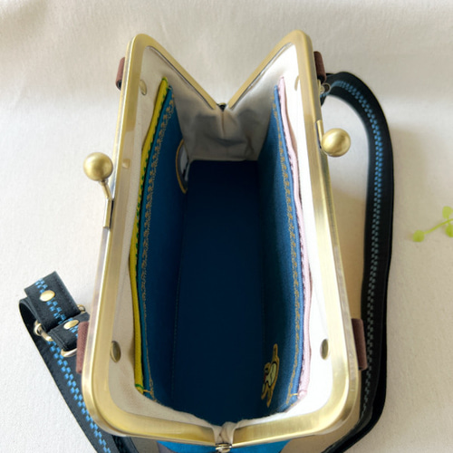 がま口お財布バッグ からし刺繍2本×ローヤルブルー隠しゆーれいさん