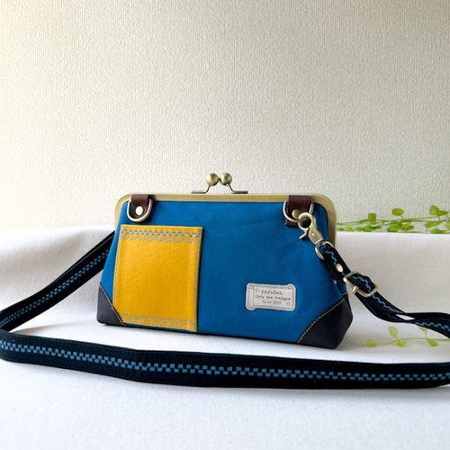 がま口お財布バッグ からし刺繍2本×ローヤルブルー隠しゆーれいさん