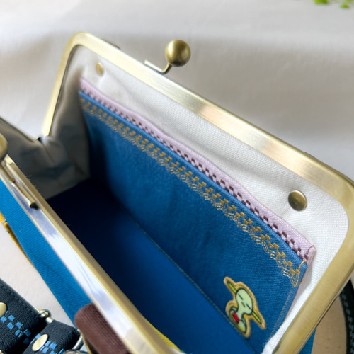 がま口お財布バッグ からし刺繍2本×ローヤルブルー隠しゆーれいさん