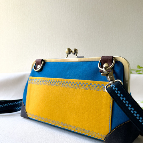 がま口お財布バッグ からし刺繍2本×ローヤルブルー隠しゆーれいさん