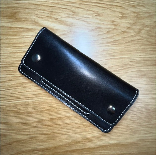 ロングトラッカーウォレット/栃木レザー/黒色/ステッチ白色/フルハンドメイド