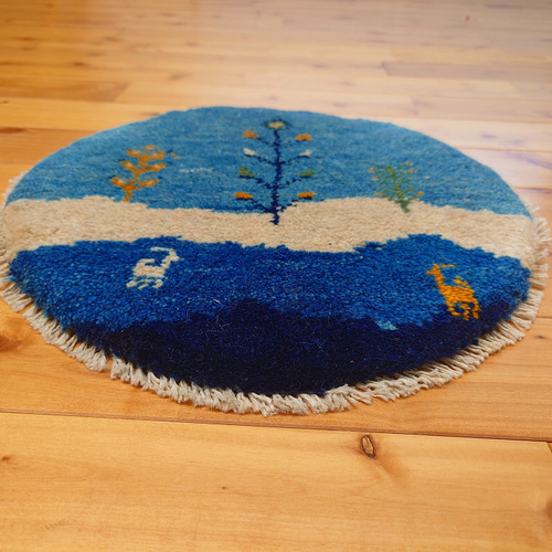 ペルシャ　アマレバフト　ミニマット　円形　40×40　藍色　馬　生命の木 dc06e20a1381dbbfb5d0928167d642