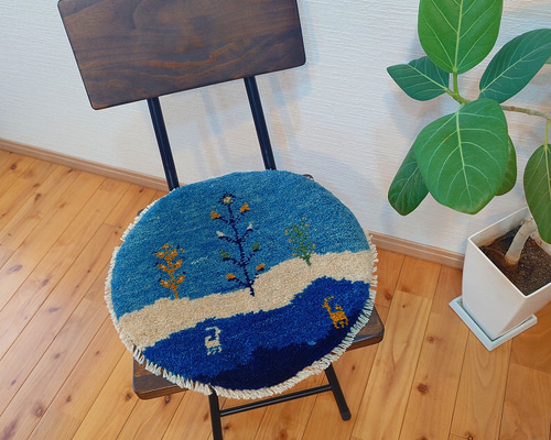 ペルシャ　アマレバフト　ミニマット　円形　40×40　藍色　馬　生命の木 dc06e20a1381dbbfb5d0928167d642