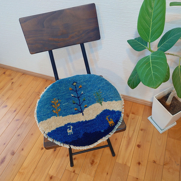 ペルシャ ギャッベ ミニマット 横38Φ38.5㎝ 円形 ブルー T8716