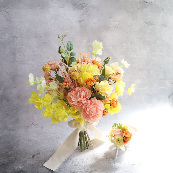 ウェディングブーケ＆ブートニアセット】結婚式・前撮りに◎／オレンジ
