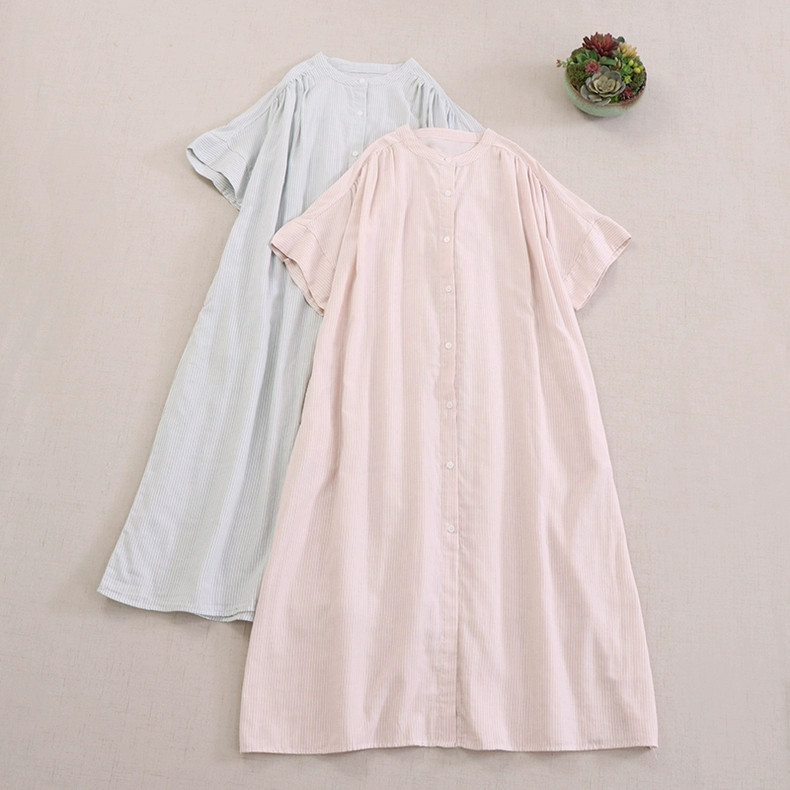 【コットン100%】半袖ワンピース│肩部分にギャザー│ストライプ柄│大人可愛さ│爽やかな夏コーデ│O-99LB