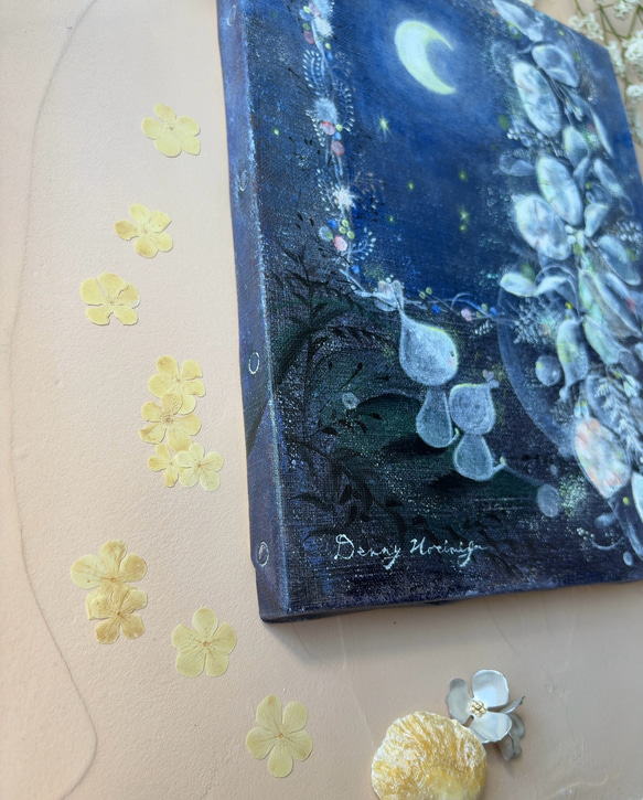 繋がるきらめき　　【原画/F3キャンバス/アクリル画】　インテリアアート　ルナリア　夜空 6枚目の画像