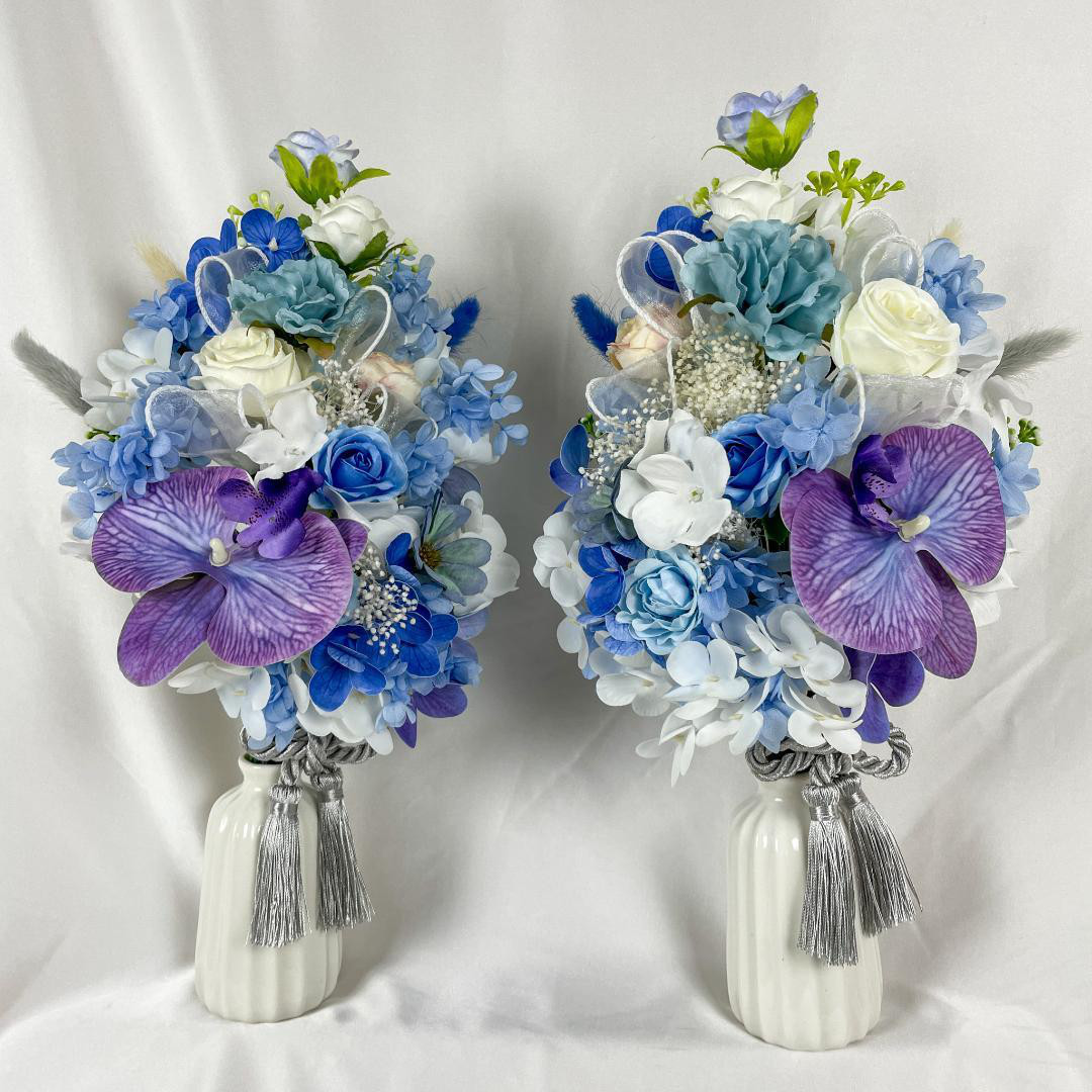 仏花★紫胡蝶蘭とブルー花束2本セット♪上品タッセル付き造花アレンジ★