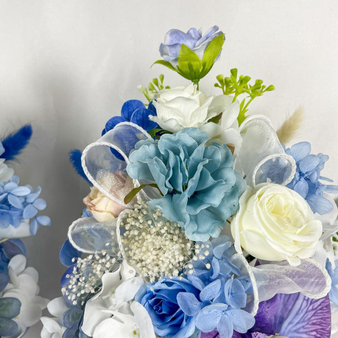 仏花★紫胡蝶蘭とブルー花束2本セット♪上品タッセル付き造花アレンジ★
