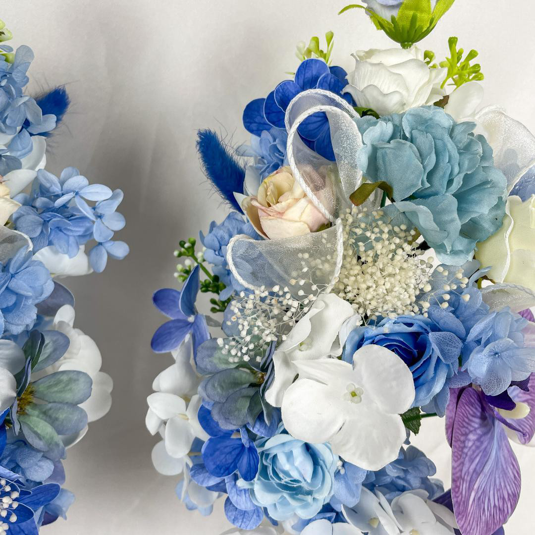 仏花★紫胡蝶蘭とブルー花束2本セット♪上品タッセル付き造花アレンジ★