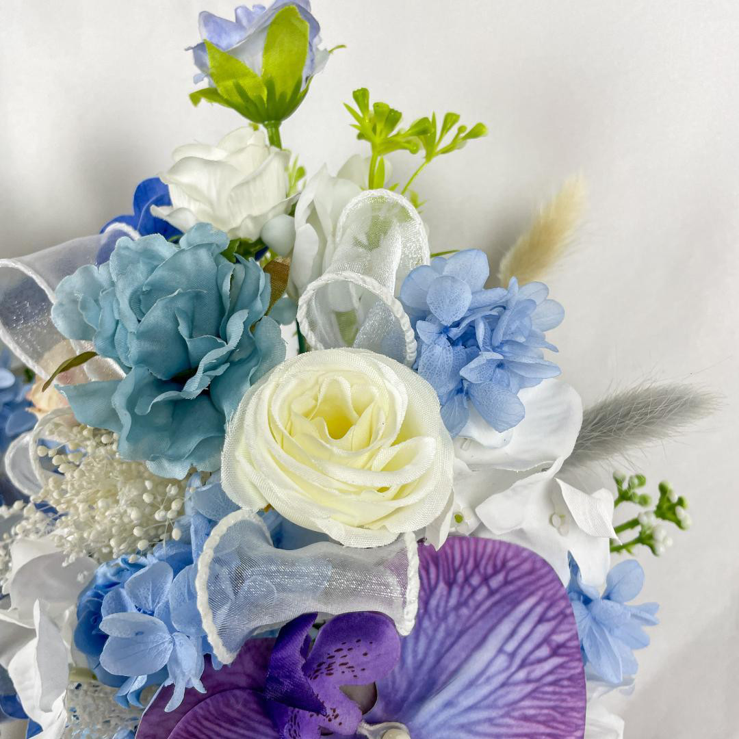 仏花★紫胡蝶蘭とブルー花束2本セット♪上品タッセル付き造花アレンジ★