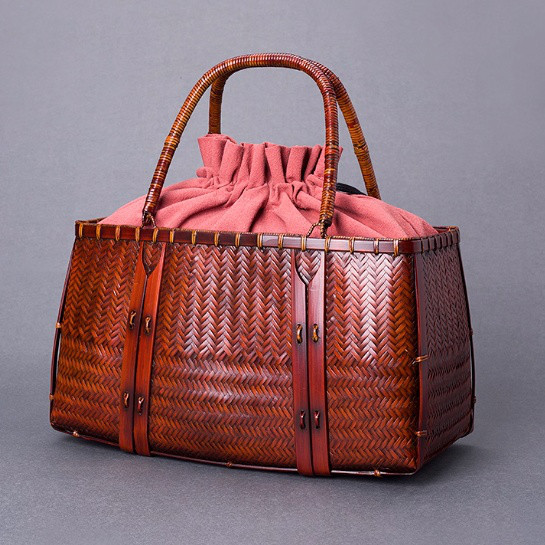 職人手作り・天然竹編み茶道バッグ 巾着付き 手作り竹編み大容量 かごバッグ ハンドメイド 竹編みバッグ 籠 竹籠