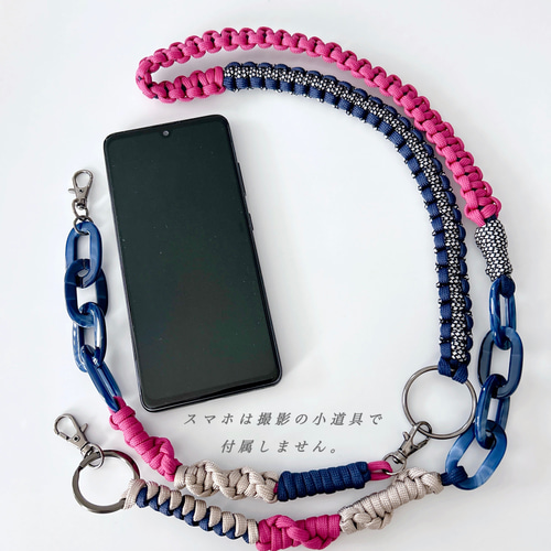 スマホショルダーストラップ パラコード【ネイビ×pink】ハンド