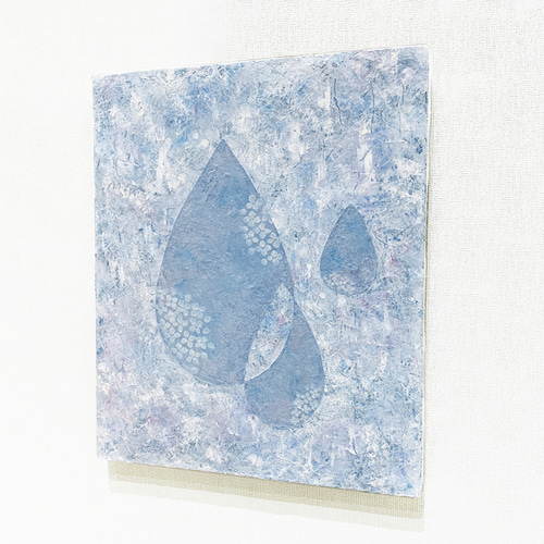 原画 油絵 雫の花II 雨と紫陽花のアート 抽象画 F8 ミルキーブルー