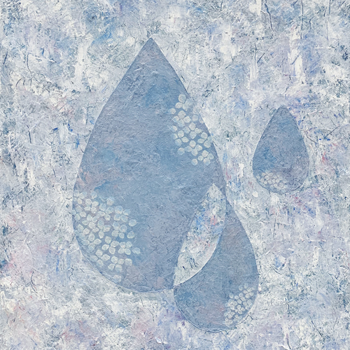 原画 油絵 雫の花II 雨と紫陽花のアート 抽象画 F8 ミルキーブルー