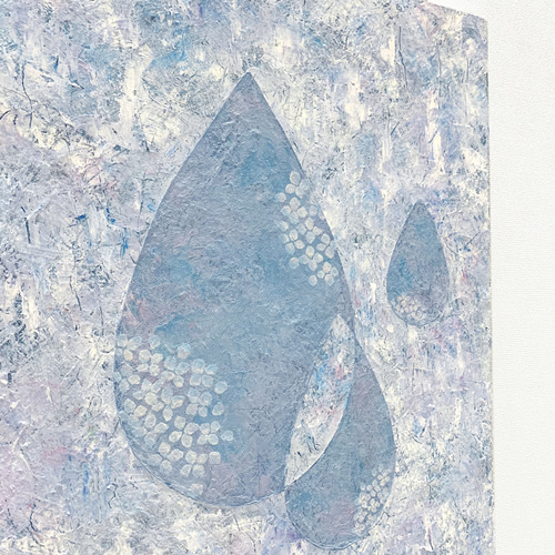 原画 油絵 雫の花II 雨と紫陽花のアート 抽象画 F8 ミルキーブルー