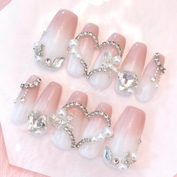 No.108 オーダー♡ ビジュー ピンク ハート リボン ネイル チップ 量産