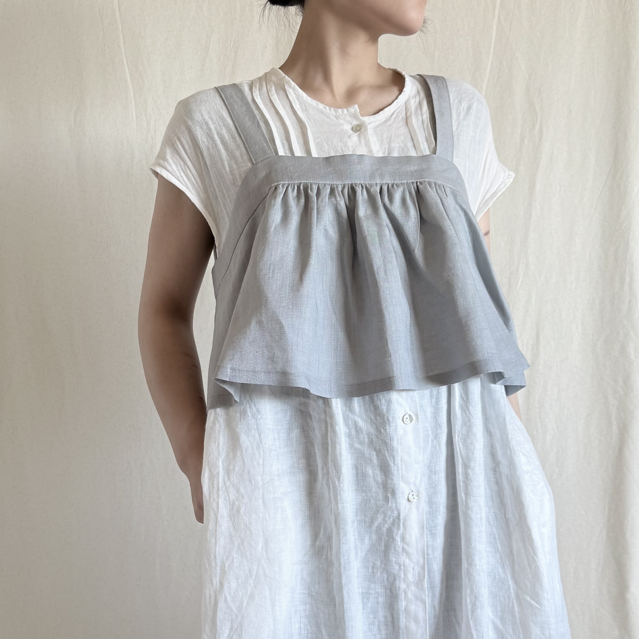 【リネンのフリルビスチェ】ブルーグレー